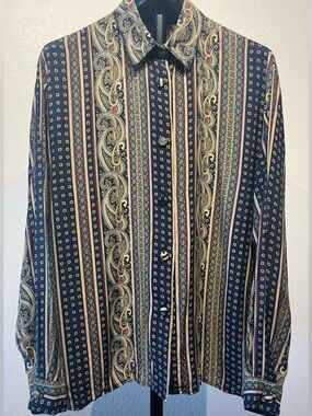 Vintage Beechers Brook Navy Paisley-Stripe Button-Down Shirt - Size L (Women’s)